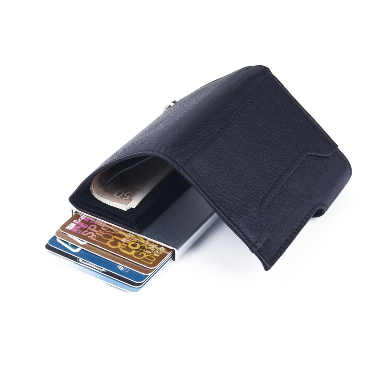 C-Secure Aluminum Card Holder with PU Leather - Black